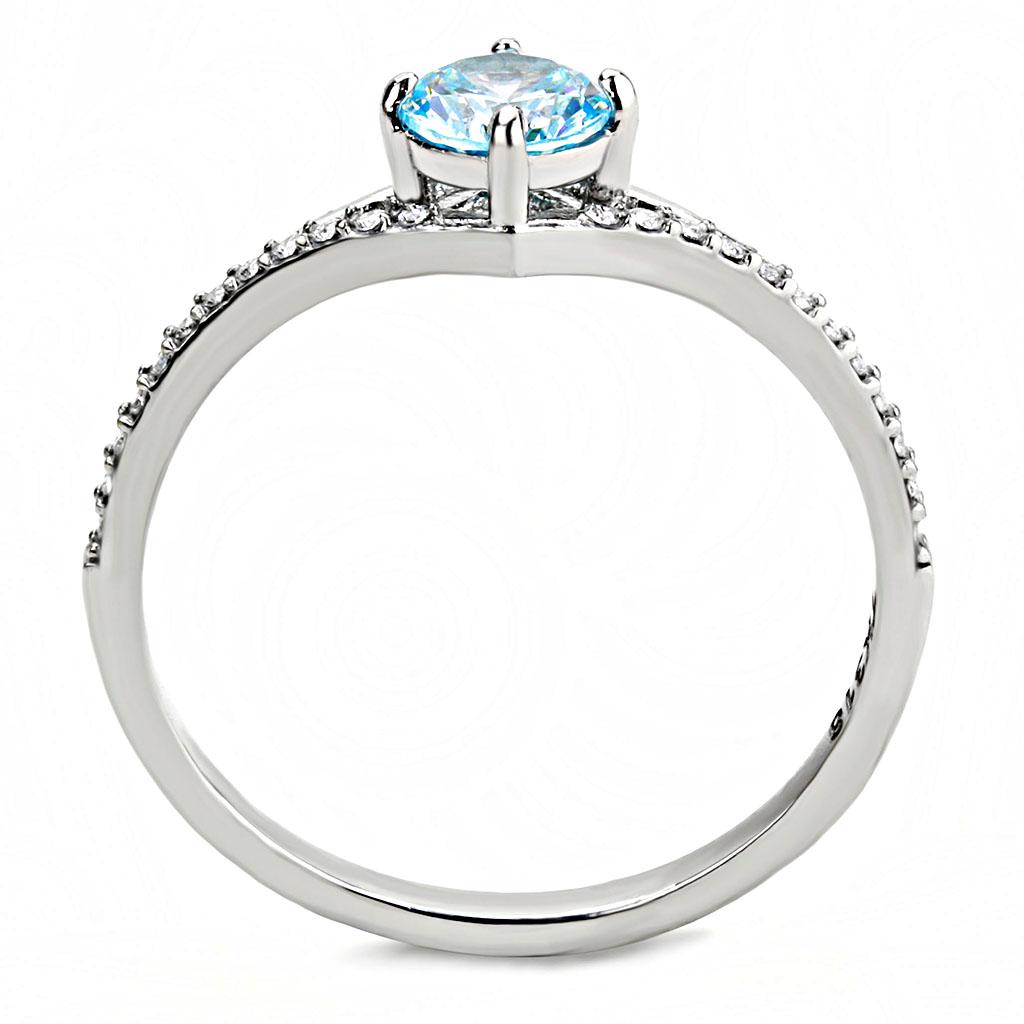 High polished (no plating) Stainless Steel Ring with AAA Grade CZ in Sea Blue