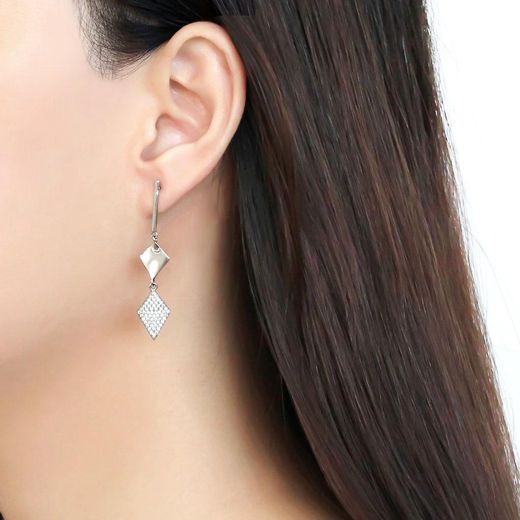 High polished (no plating) Stainless Steel Earrings with AAA Grade CZ in Clear