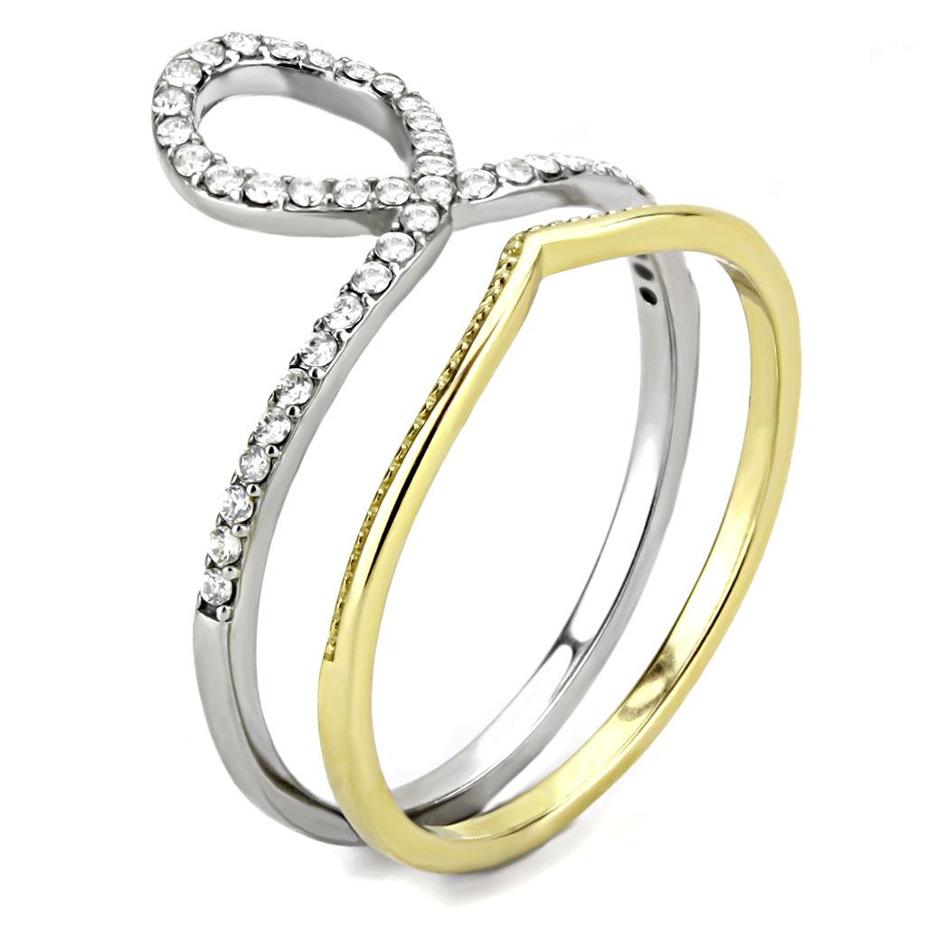 Two-Tone IP Gold (Ion Plating) Stainless Steel Ring with AAA Grade CZ in Clear