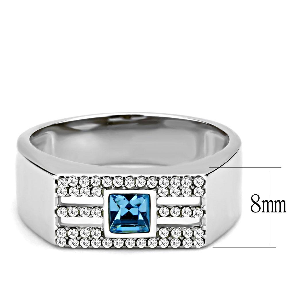 High polished (no plating) Stainless Steel Ring with Top Grade Crystal in Sea Blue