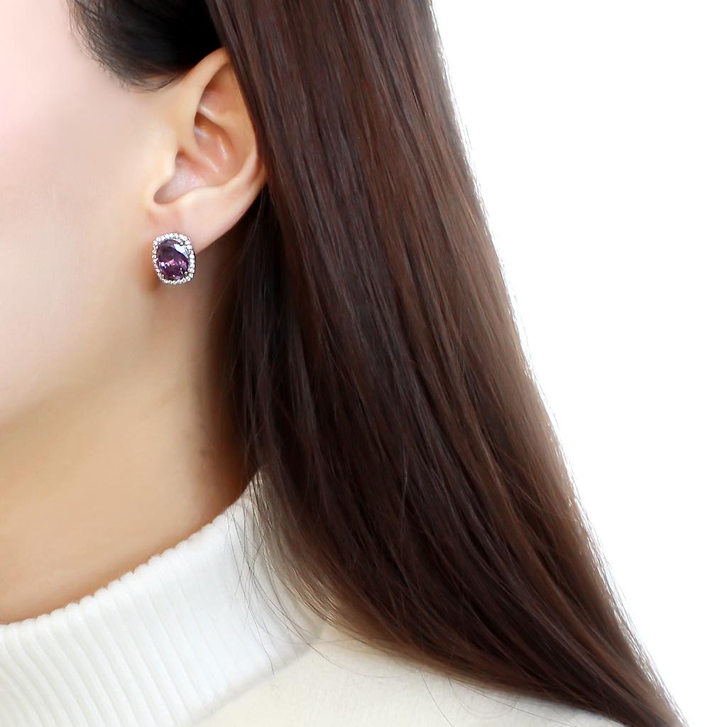 High polished (no plating) Stainless Steel Earrings with AAA Grade CZ in Amethyst