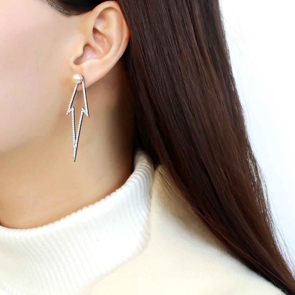 High polished (no plating) Stainless Steel Earrings with Synthetic in White