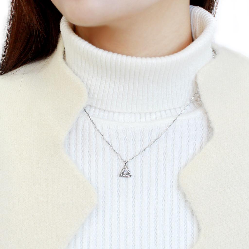 High polished (no plating) Stainless Steel Chain Pendant with AAA Grade CZ in Clear