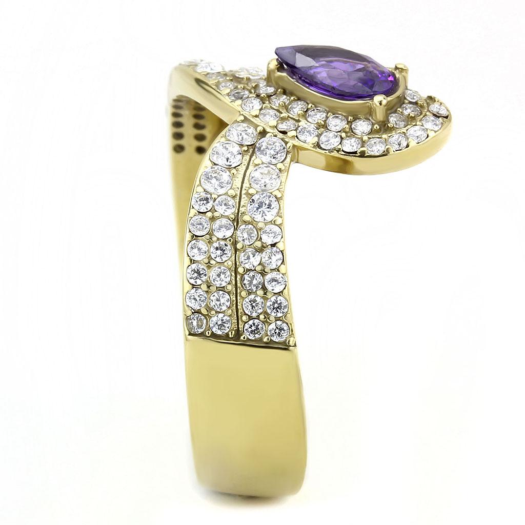 IP Gold(Ion Plating) Stainless Steel Ring with AAA Grade CZ in Tanzanite