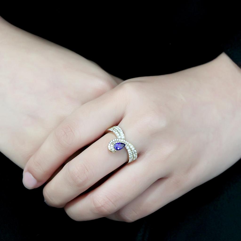 IP Gold(Ion Plating) Stainless Steel Ring with AAA Grade CZ in Tanzanite