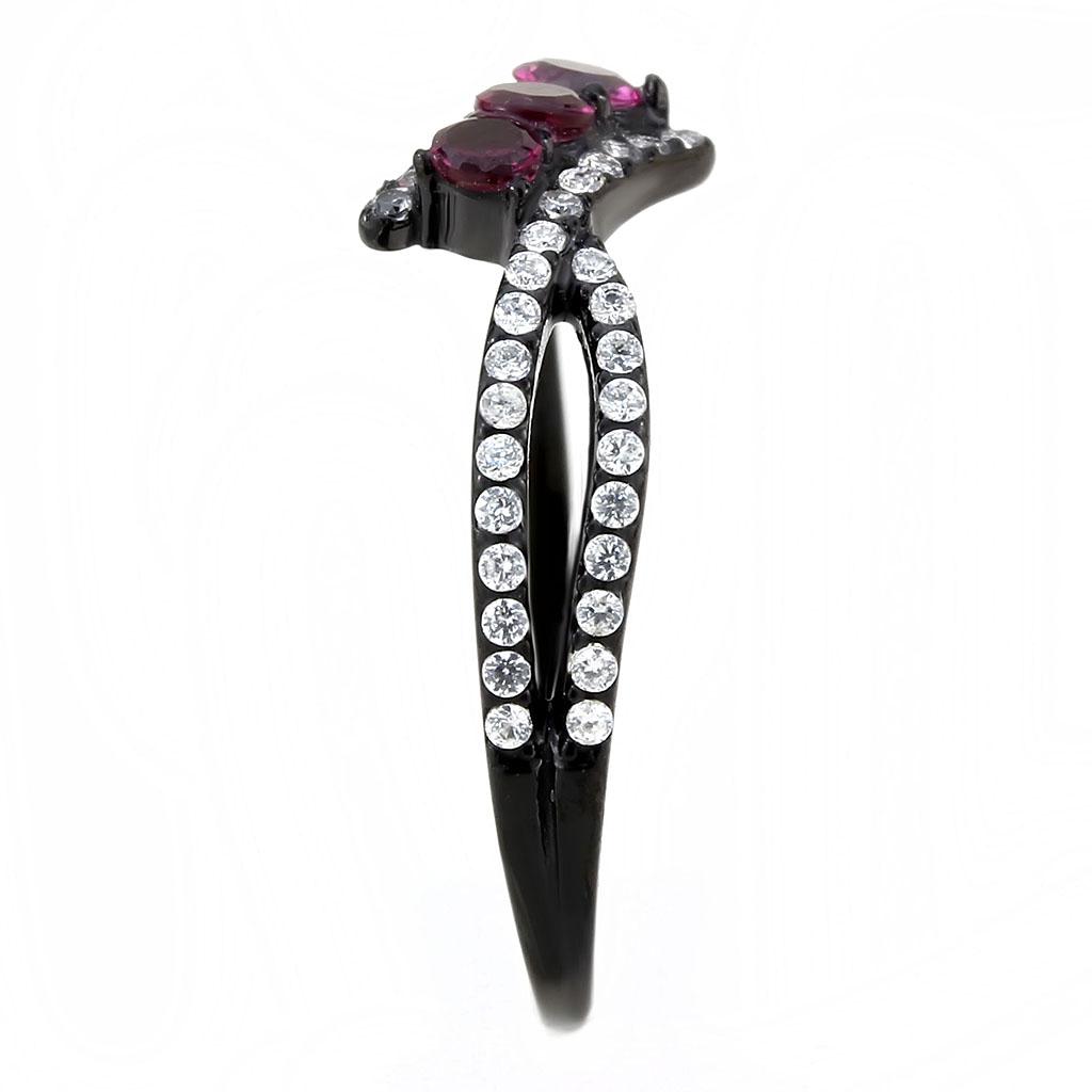 IP Black(Ion Plating) Stainless Steel Ring with AAA Grade CZ in Fuchsia