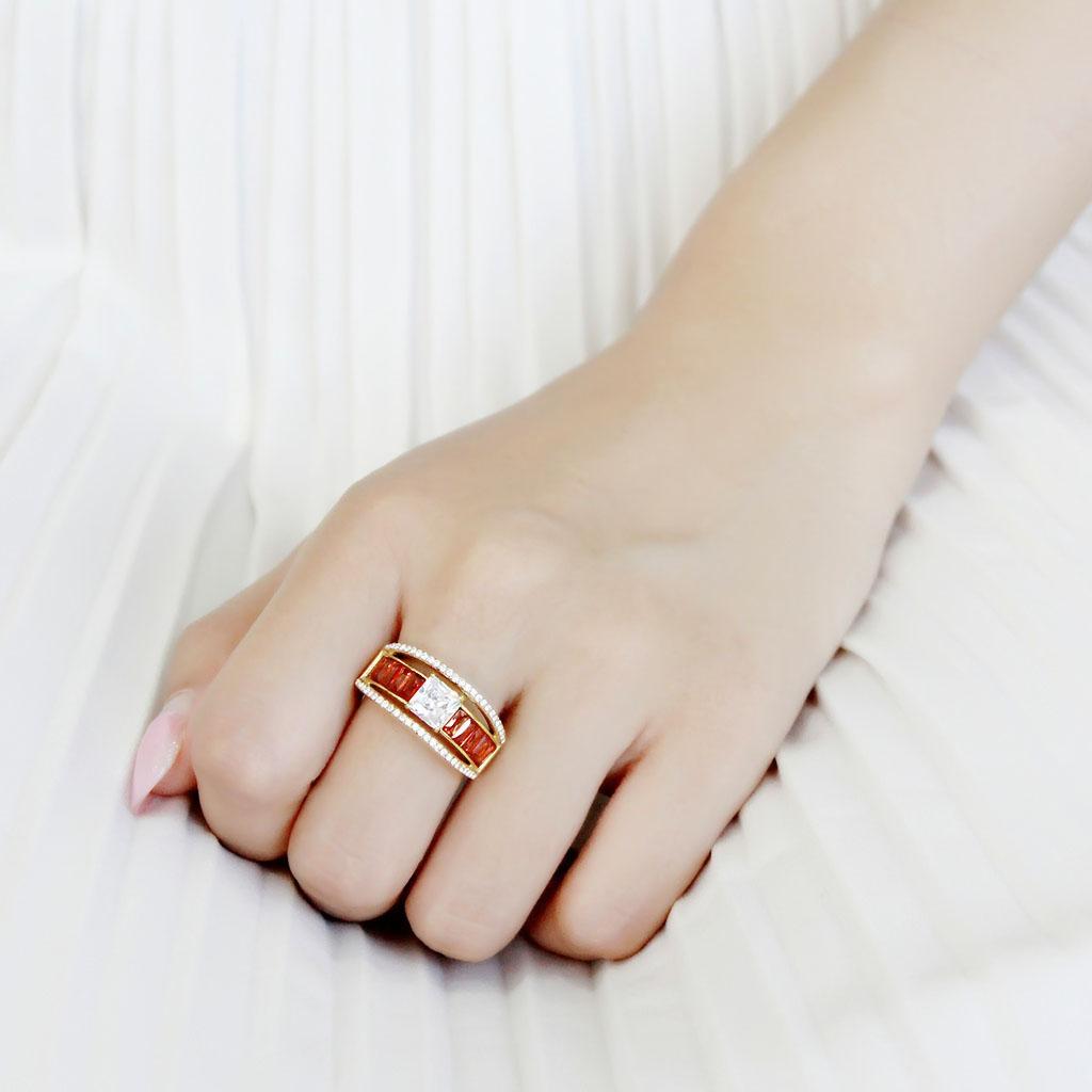 IP Gold(Ion Plating) Stainless Steel Ring with AAA Grade CZ in Garnet