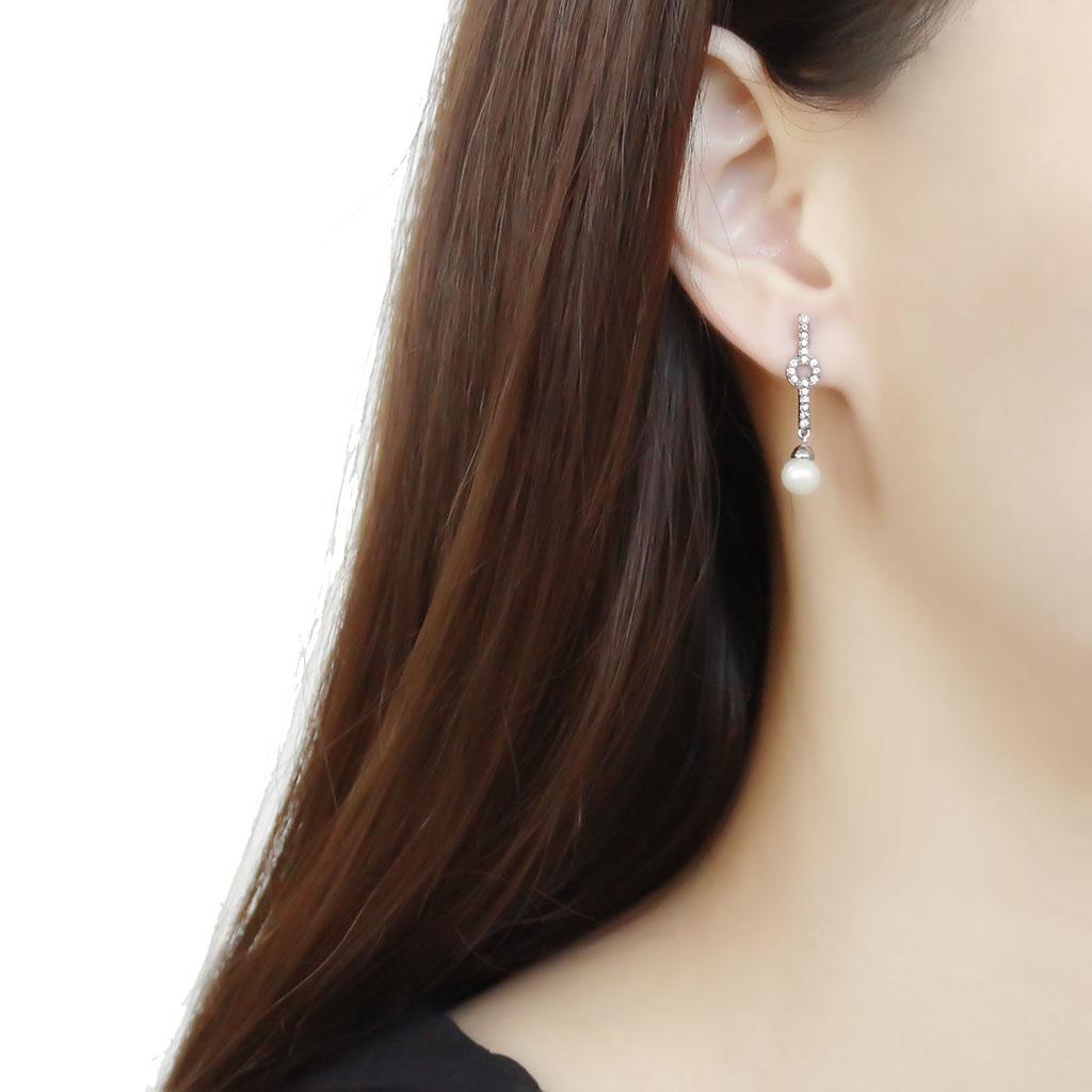High polished (no plating) Stainless Steel Earrings with Synthetic Pearl in White