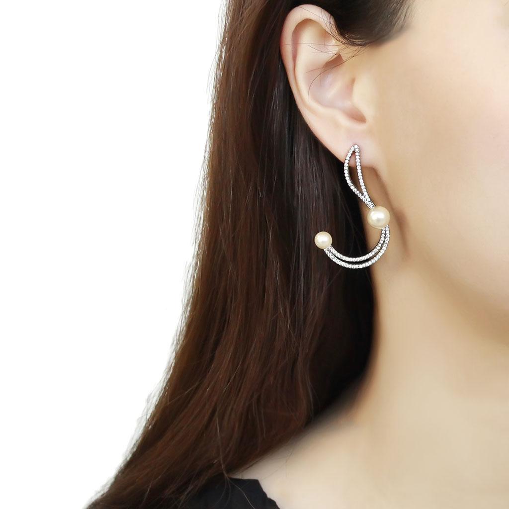 High polished (no plating) Stainless Steel Earrings with Synthetic Pearl in White