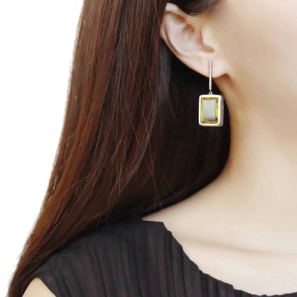 High polished (no plating) Stainless Steel Earrings with Top Grade Crystal in Topaz