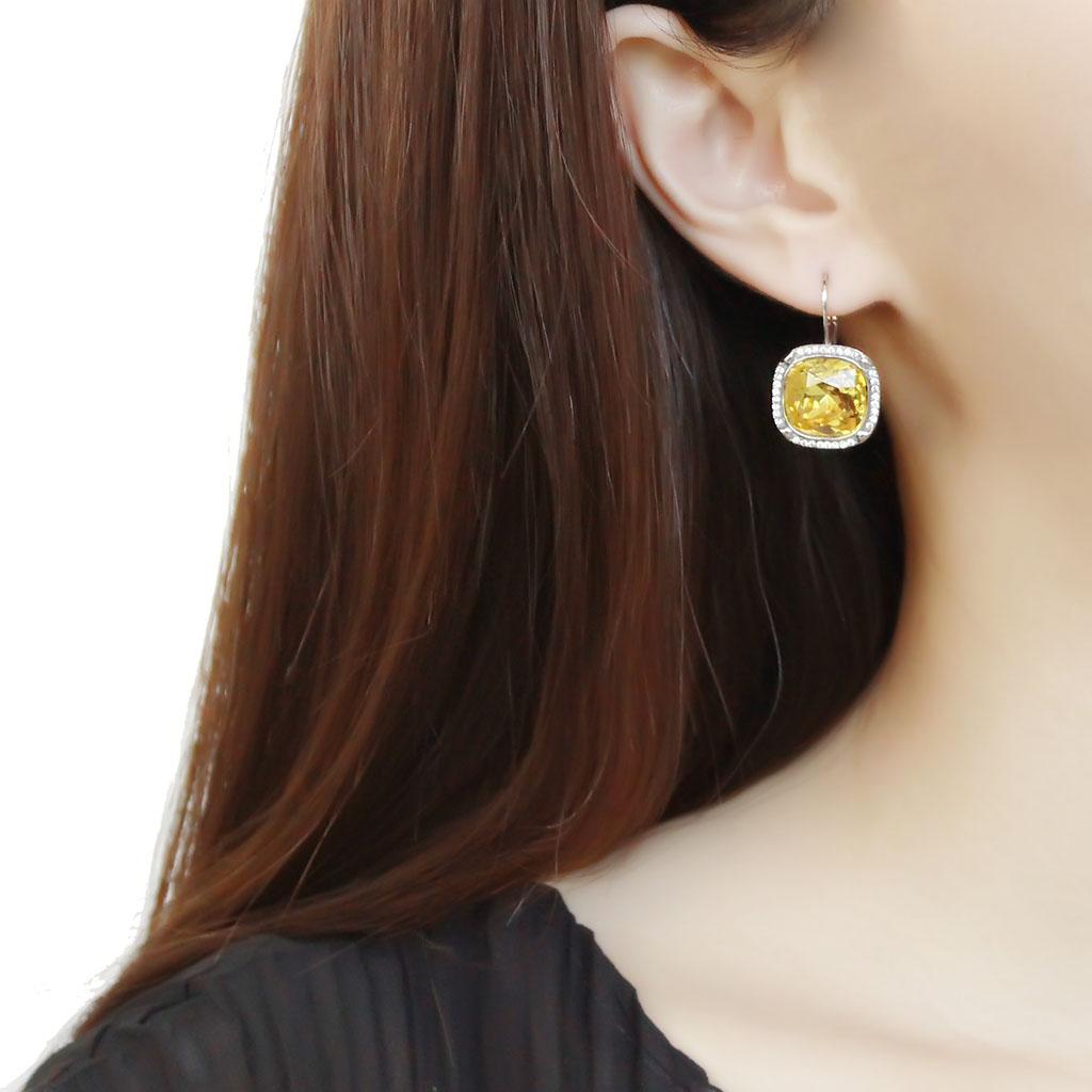 High polished (no plating) Stainless Steel Earrings with Top Grade Crystal in Topaz