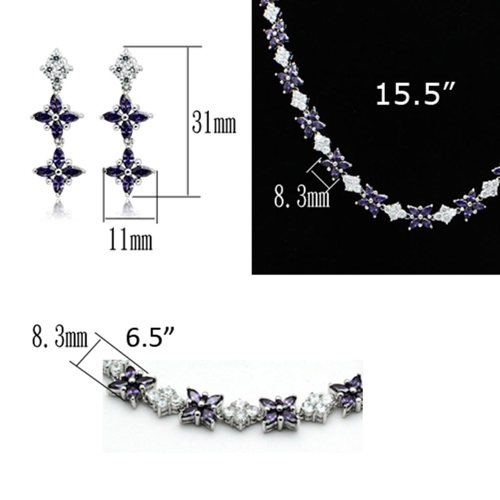 Rhodium Brass Jewelry Sets with AAA Grade CZ in Amethyst