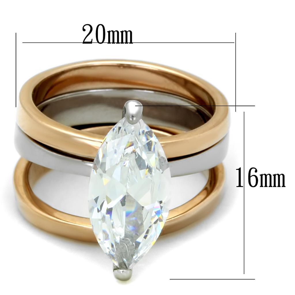 Two-Tone IP Rose Gold Stainless Steel Ring with AAA Grade CZ in Clear