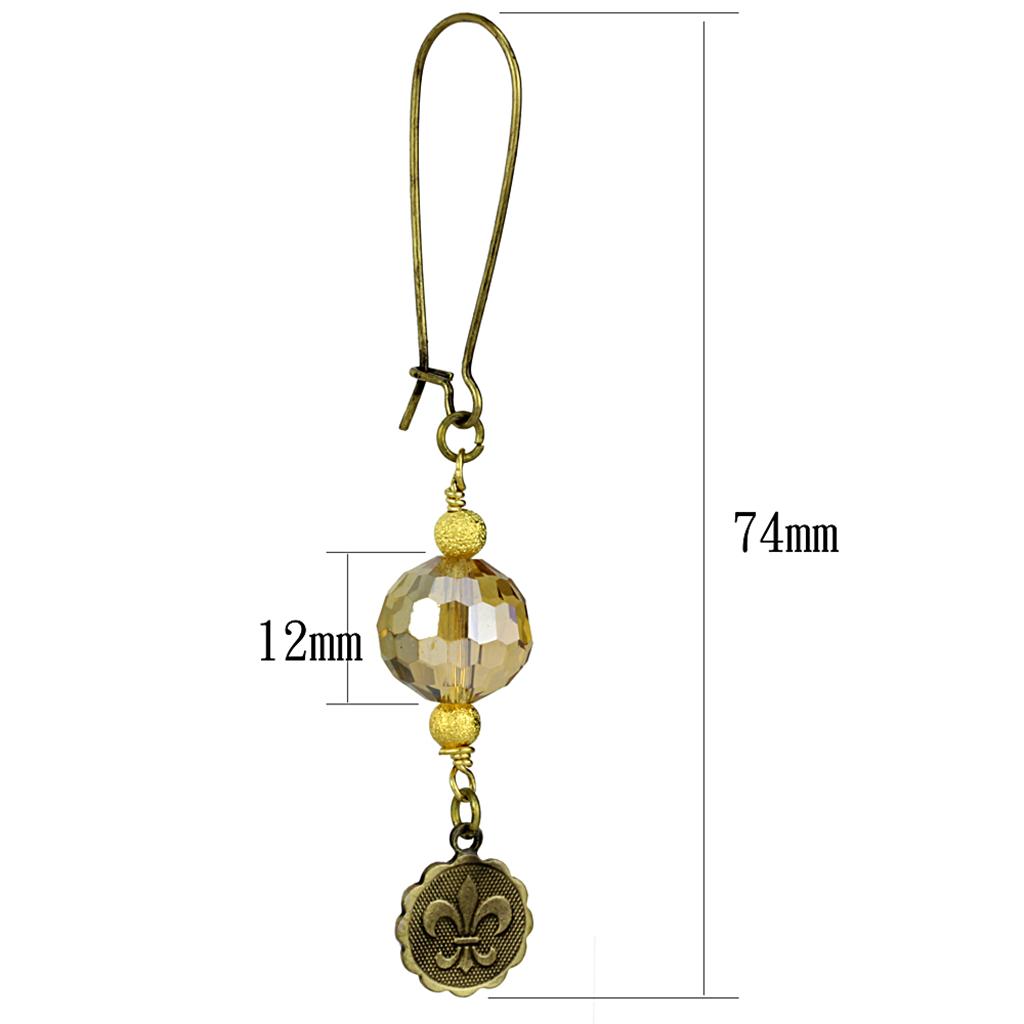 Antique Copper White Metal Earrings with Synthetic Glass Bead in Champagne