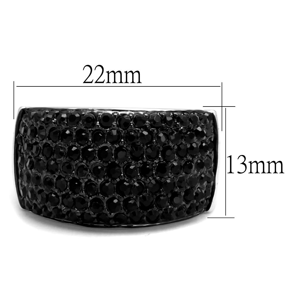 Rhodium+Hematite Brass Ring with Top Grade Crystal in Jet