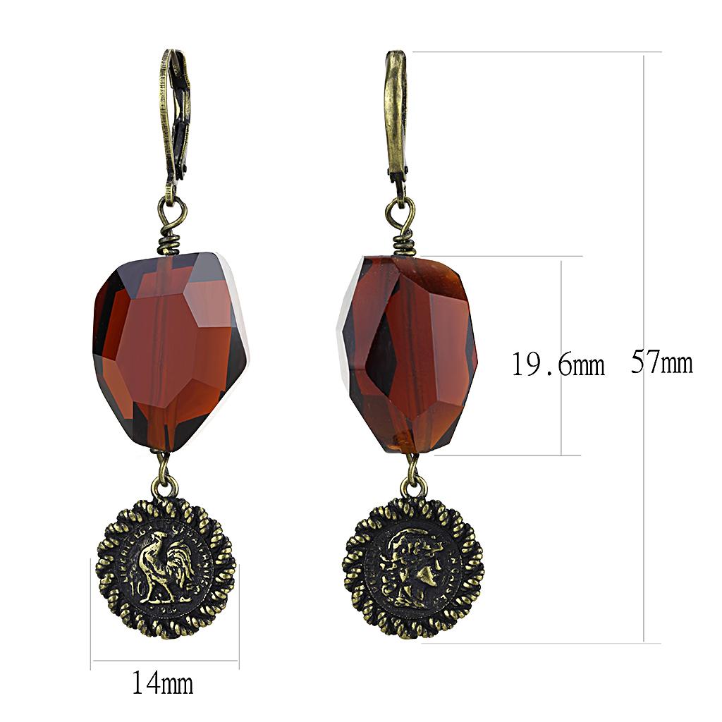 Antique Copper Brass Earrings with Synthetic Synthetic Glass in Garnet