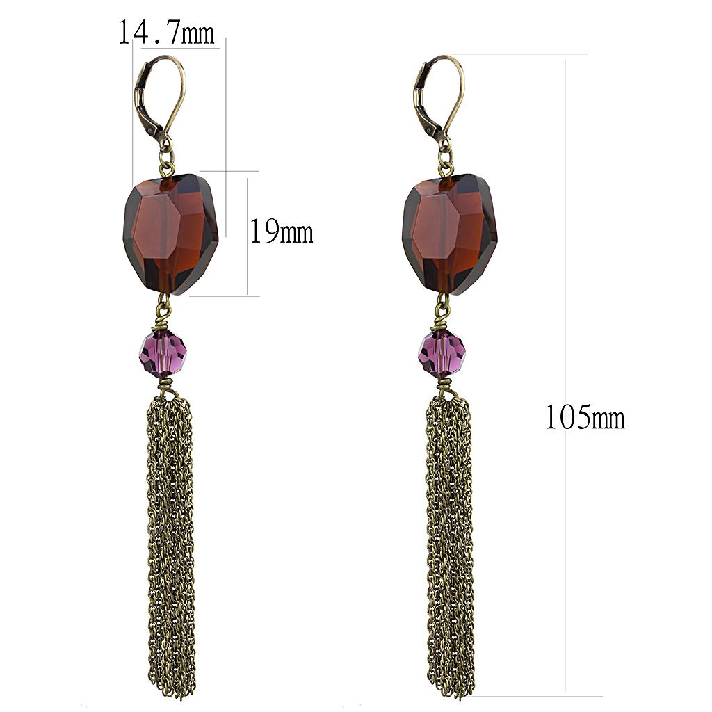 Antique Copper Brass Earrings with Synthetic Synthetic Glass in Garnet