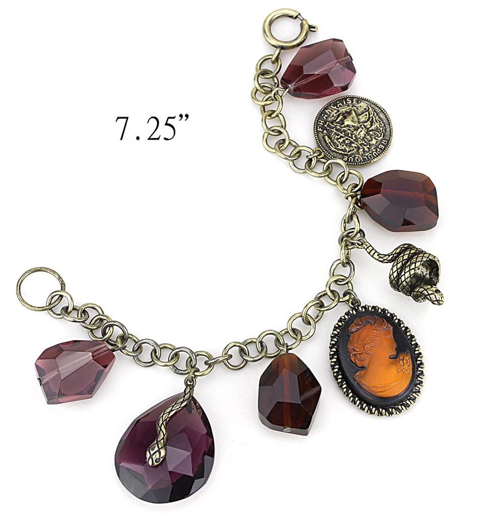 Antique Copper Brass Bracelet with Synthetic Synthetic Glass in Amethyst