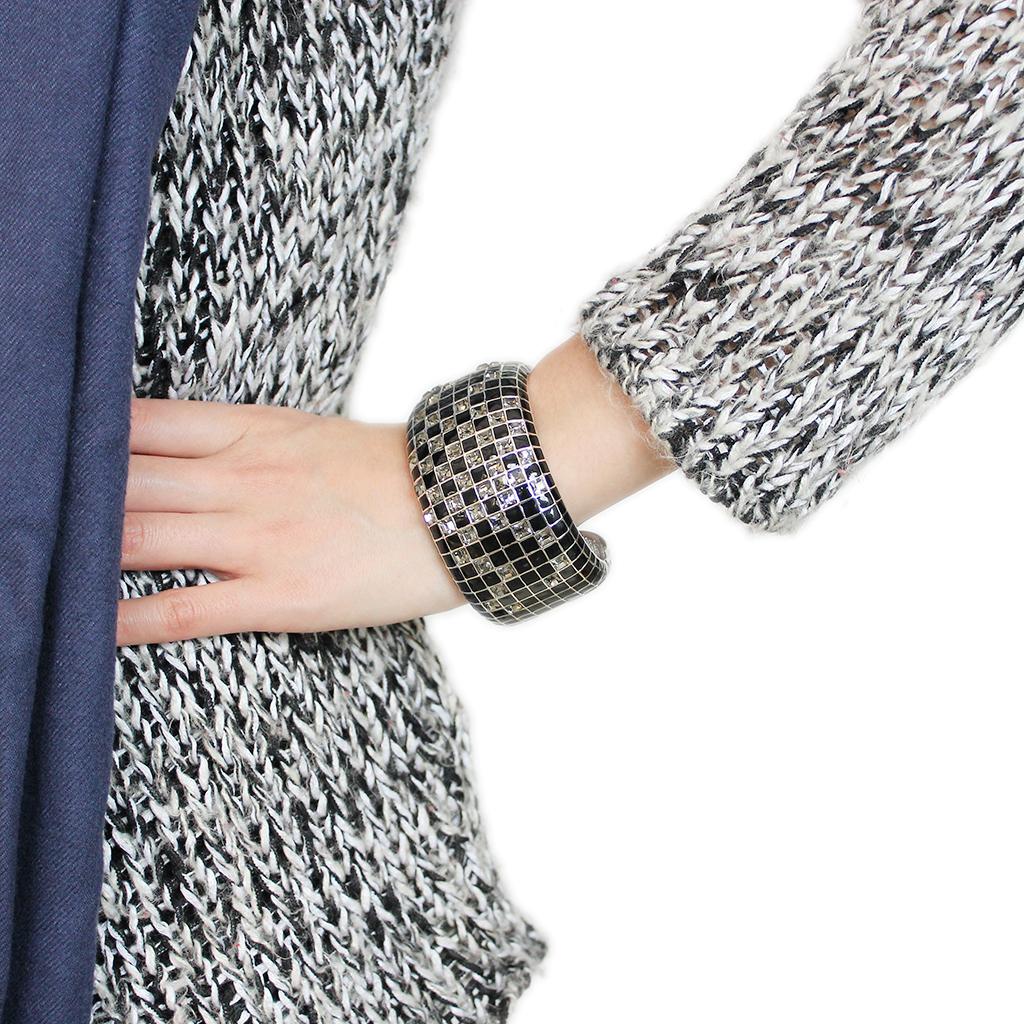 Rhodium Brass Bangle with Top Grade Crystal in Black Diamond