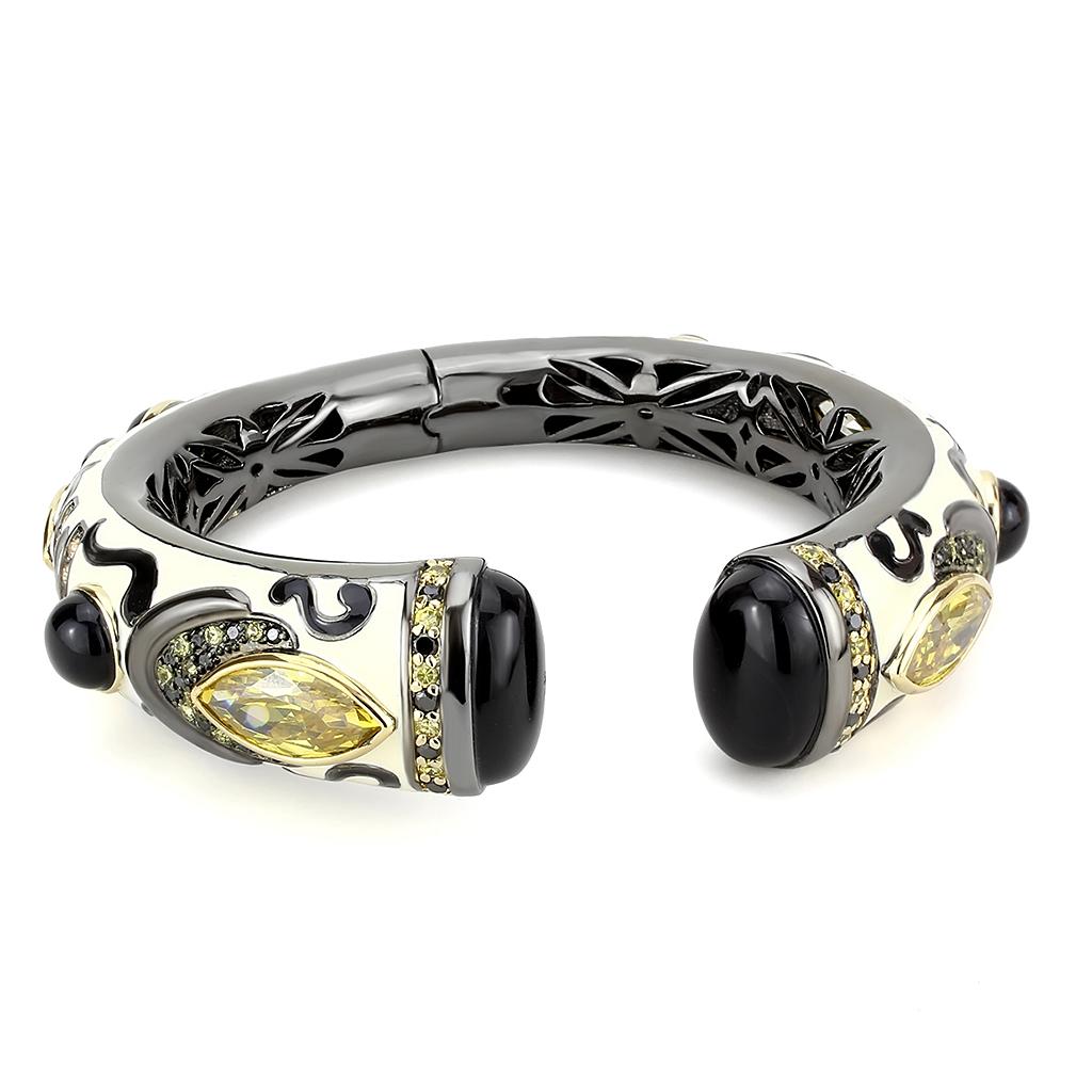 Gold+Hematite Brass Bangle with Synthetic Onyx in Jet