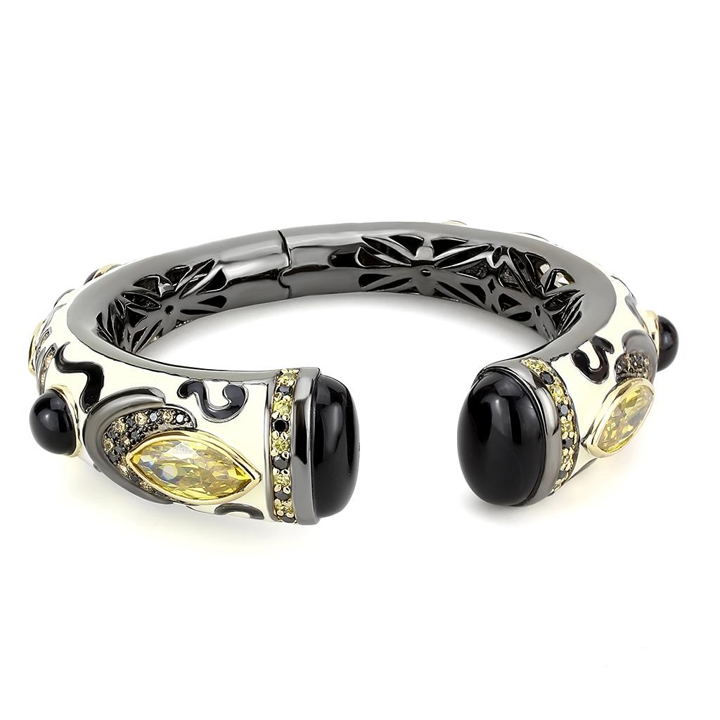 Gold+Hematite Brass Bangle with Synthetic Onyx in Jet