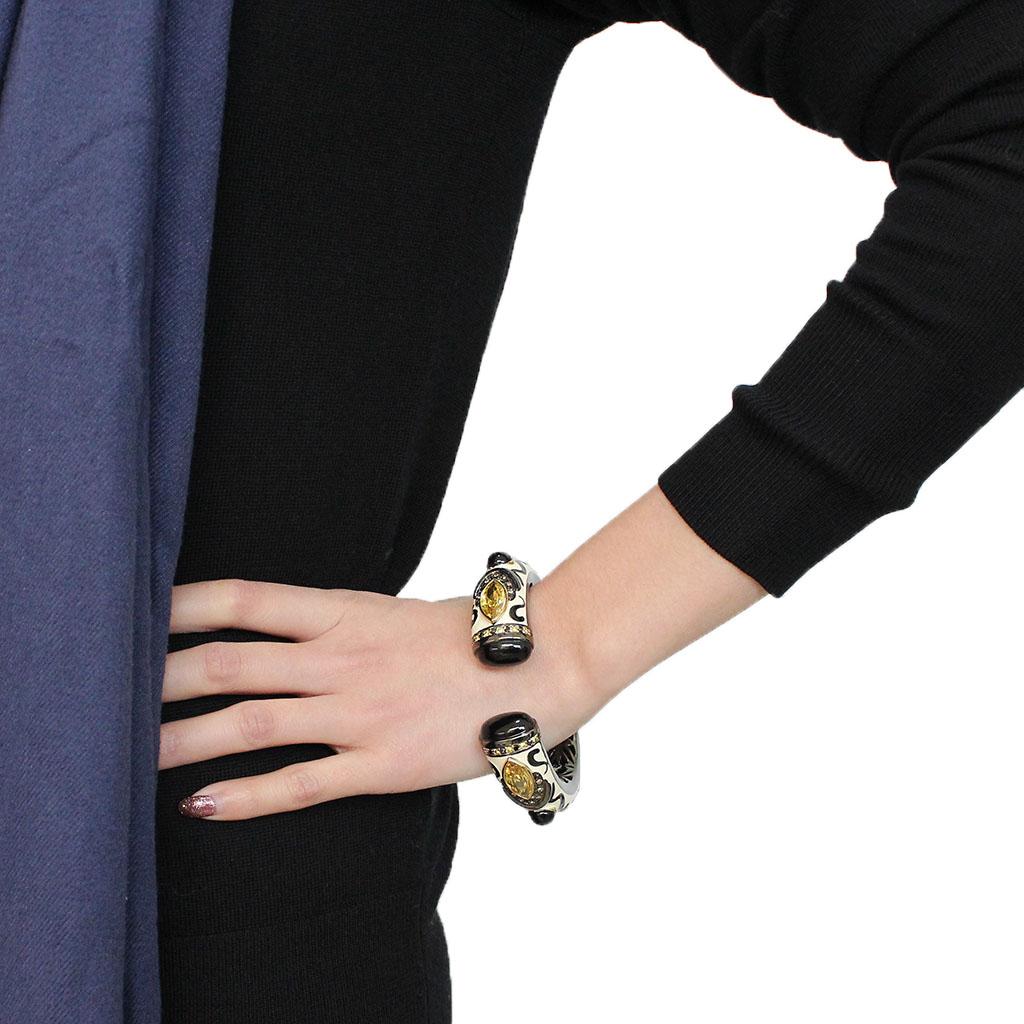 Gold+Hematite Brass Bangle with Synthetic Onyx in Jet
