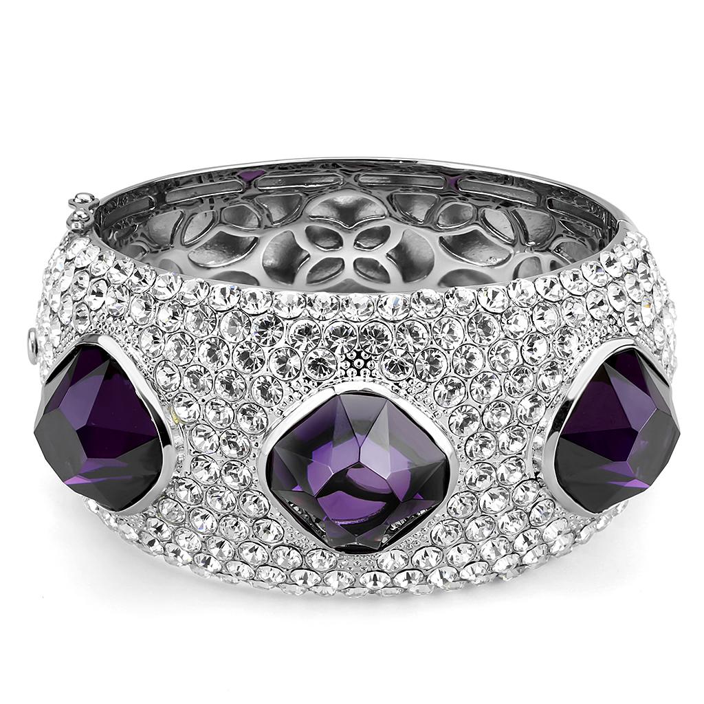 Rhodium Brass Bangle with AAA Grade CZ in Amethyst