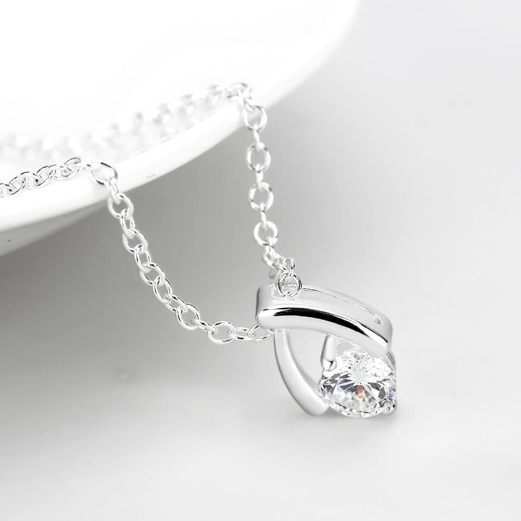Silver+ e-coating Brass Chain Pendant with AAA Grade CZ in Clear
