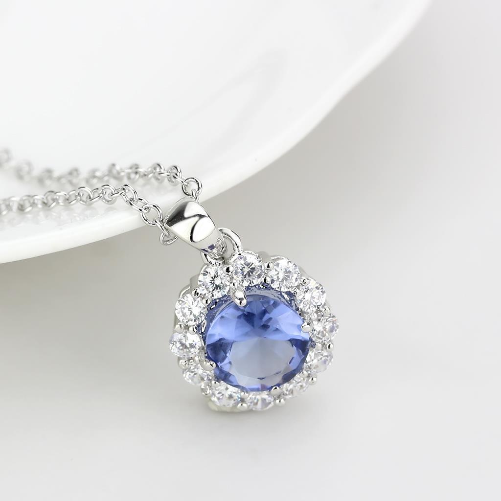 Rhodium Brass Chain Pendant with Synthetic Synthetic Glass in Tanzanite