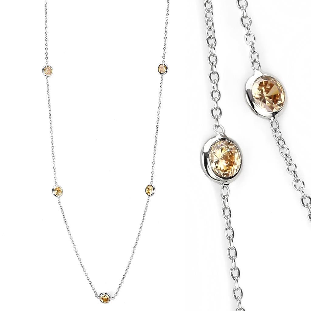 LO4703 Imitation Rhodium Brass Necklace with AAA Grade CZ in Champagne