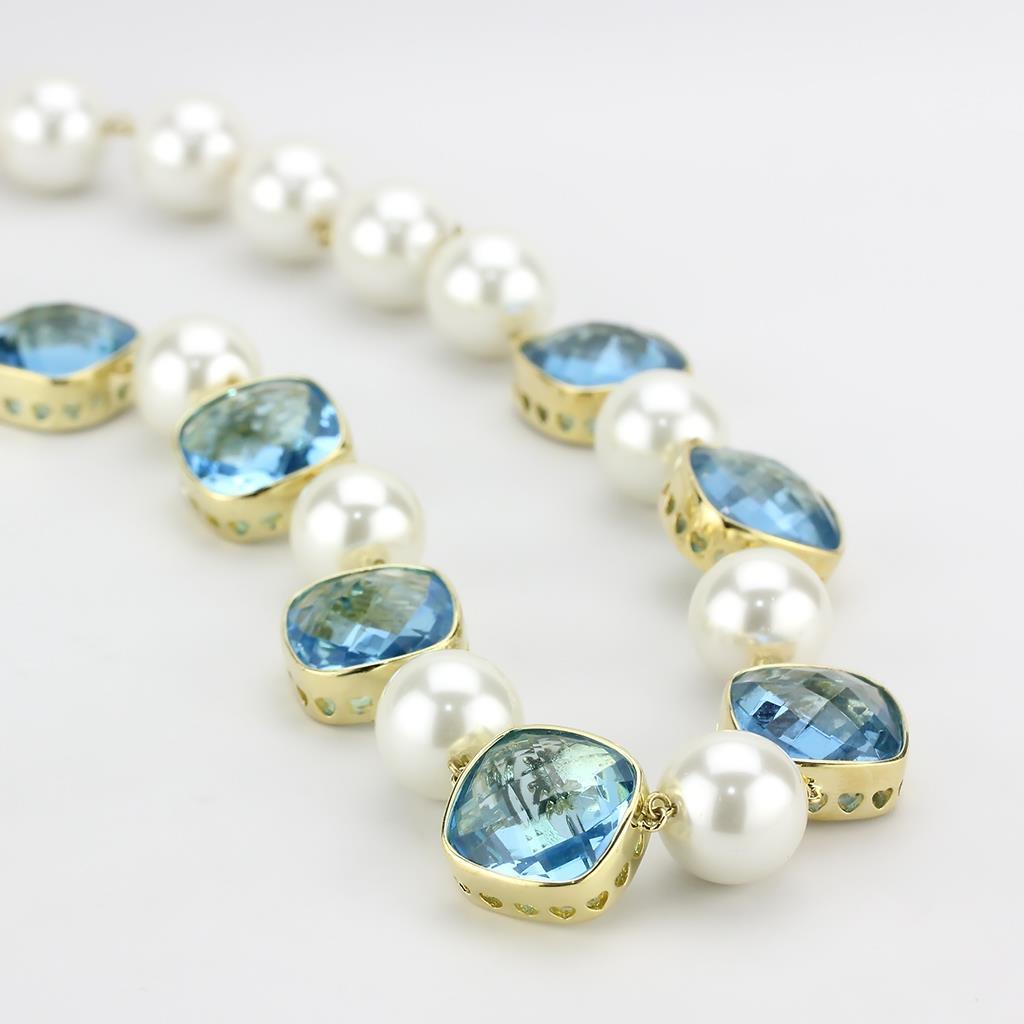 Gold Brass Necklace with Synthetic Synthetic Glass in Sea Blue