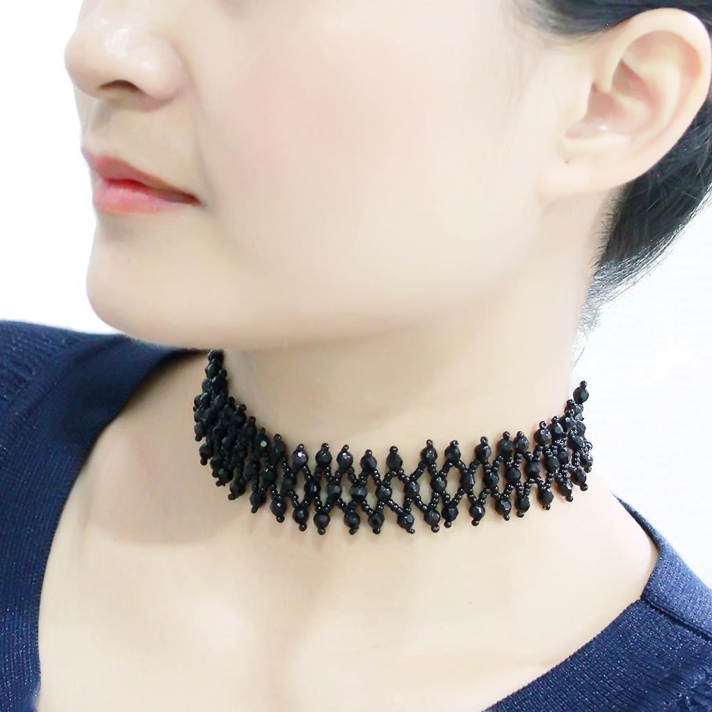 Rhodium Brass Necklace with Synthetic Synthetic Glass in Jet