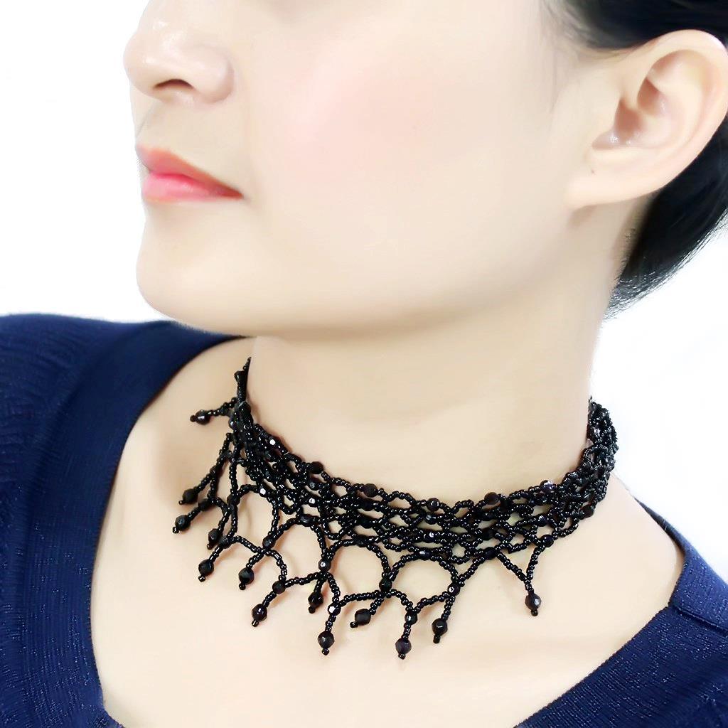 Rhodium Brass Necklace with Synthetic Synthetic Glass in Jet