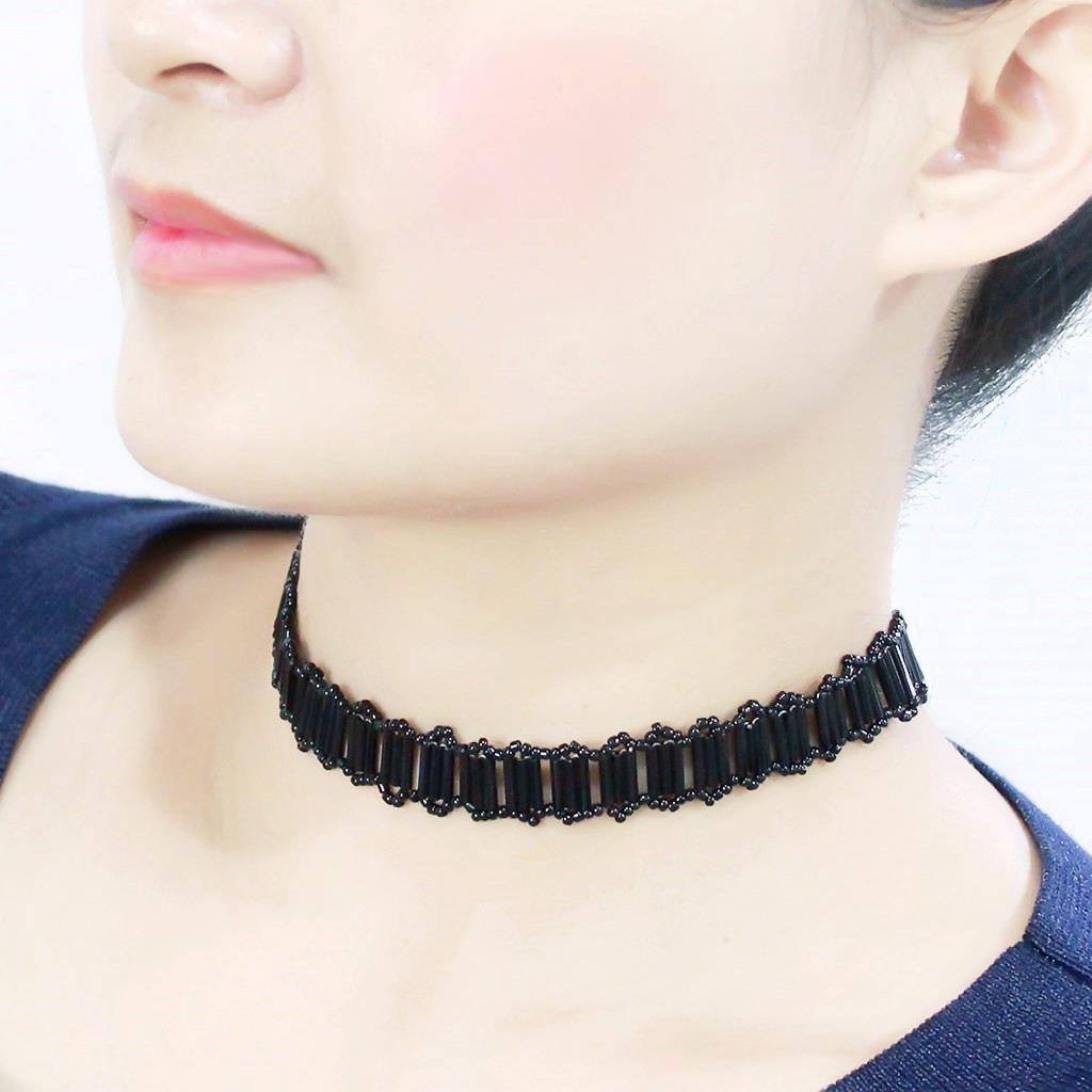Rhodium White Metal Necklace with Synthetic Synthetic Glass in Jet