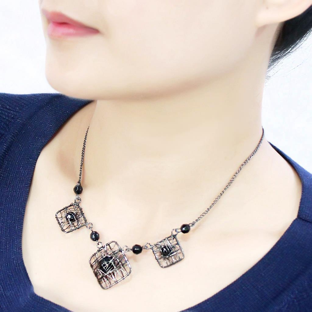 Ruthenium White Metal Necklace with Synthetic Synthetic Glass in Jet