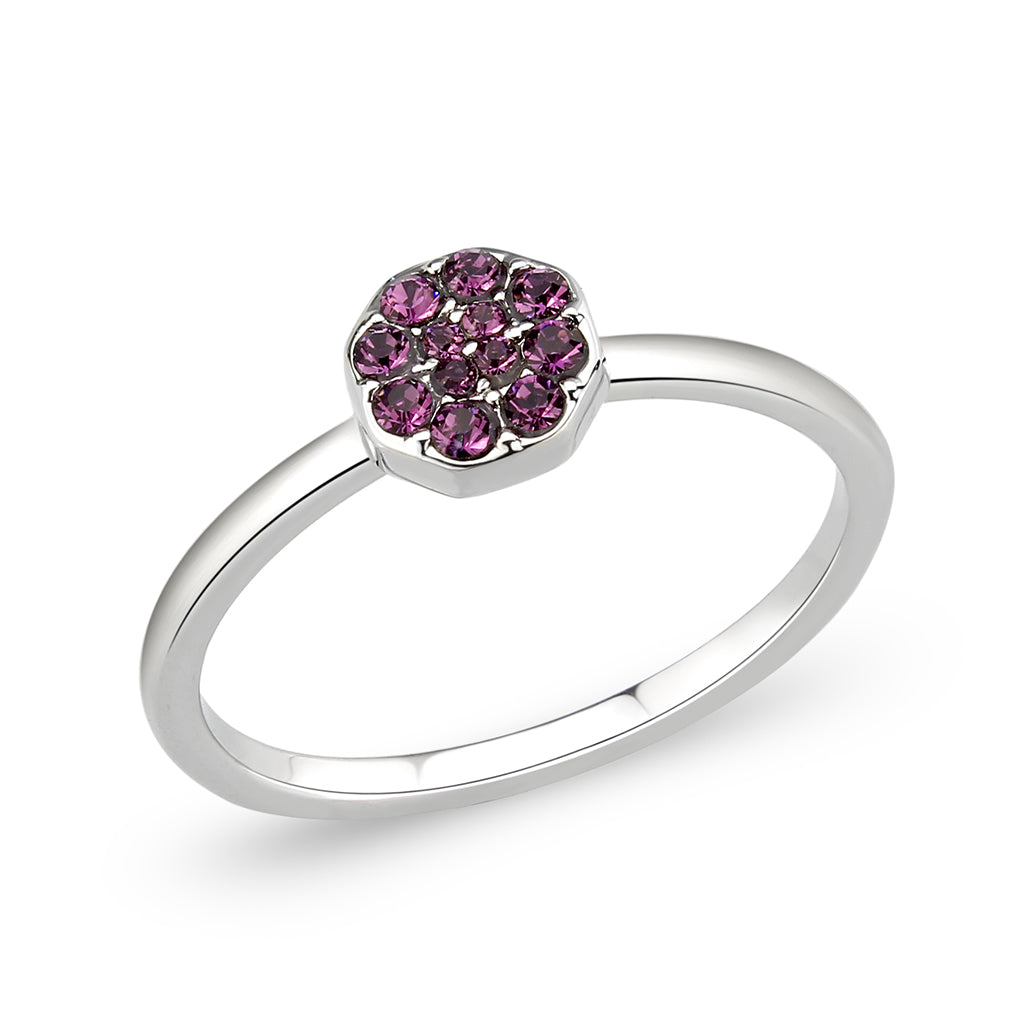 Rhodium Brass Ring with Top Grade Crystal in Amethyst