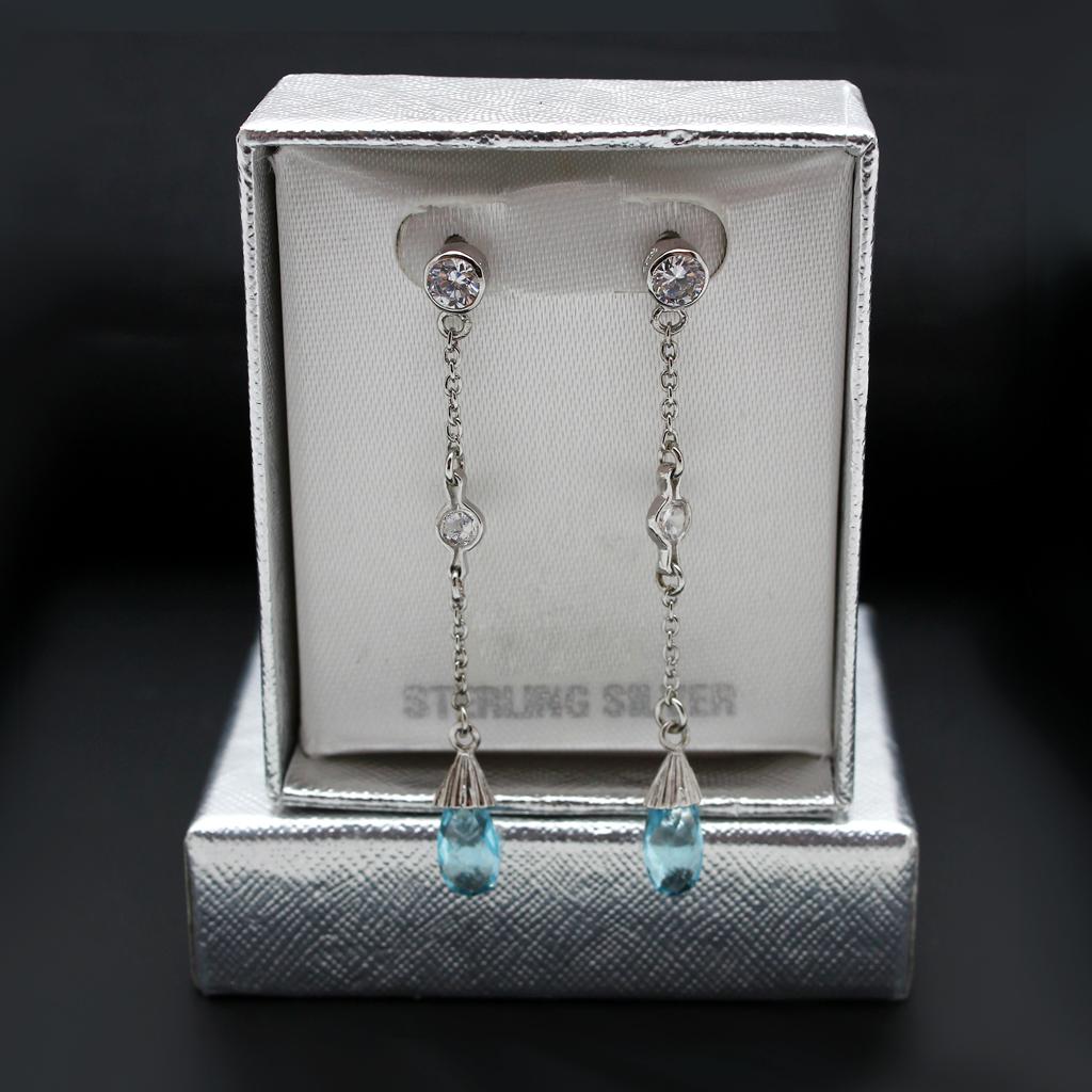 Rhodium 925 Sterling Silver Earrings with Genuine Stone in London Blue