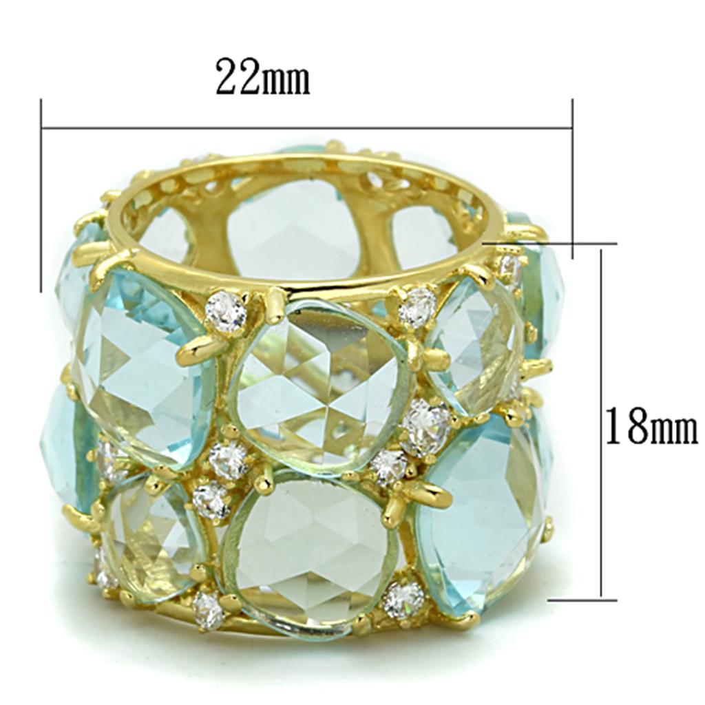 Gold 925 Sterling Silver Ring with Synthetic Synthetic Glass in Sea Blue