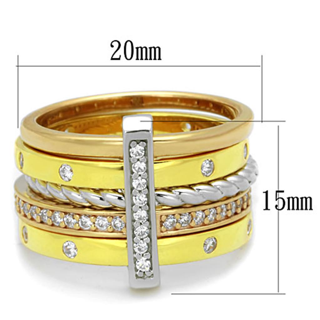 Rhodium + Gold + Rose Gold 925 Sterling Silver Ring with AAA Grade CZ in Clear