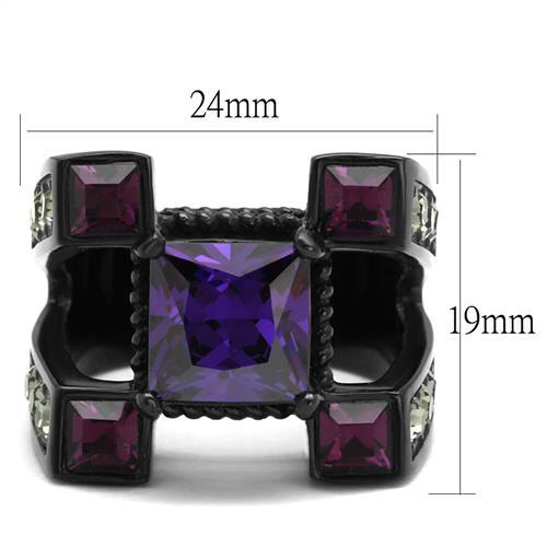 IP Black(Ion Plating) Stainless Steel Ring with AAA Grade CZ in Amethyst