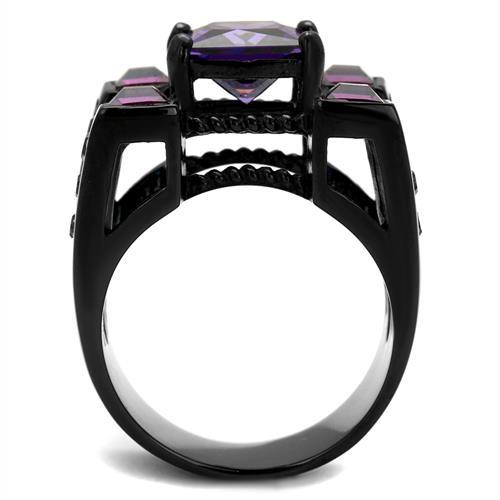 IP Black(Ion Plating) Stainless Steel Ring with AAA Grade CZ in Amethyst