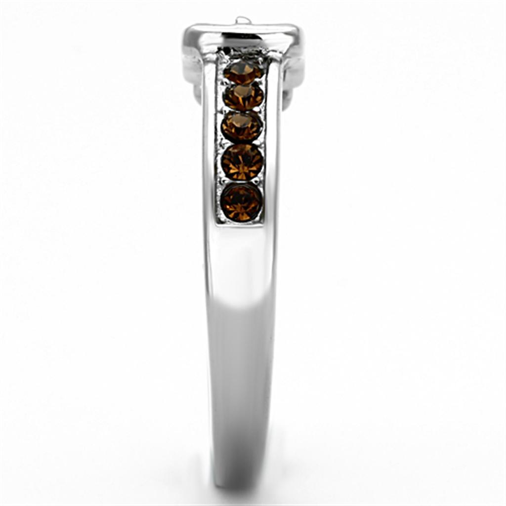 High polished (no plating) Stainless Steel Ring with Top Grade Crystal in Smoked Quartz