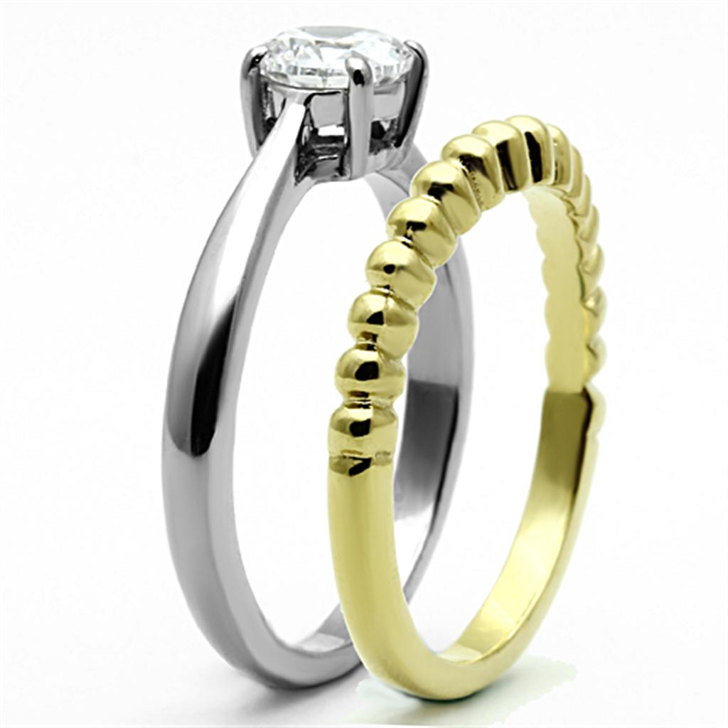Two-Tone IP Gold (Ion Plating) Stainless Steel Ring with AAA Grade CZ in Clear