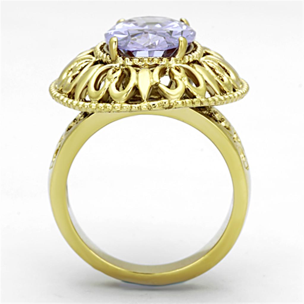 IP Gold(Ion Plating) Stainless Steel Ring with AAA Grade CZ in Light Amethyst