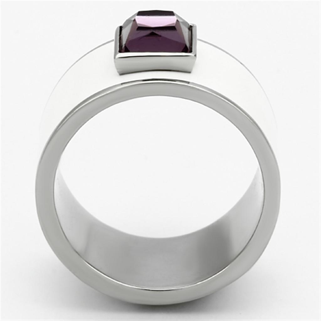 High polished (no plating) Stainless Steel Ring with Synthetic Synthetic Glass in Amethyst