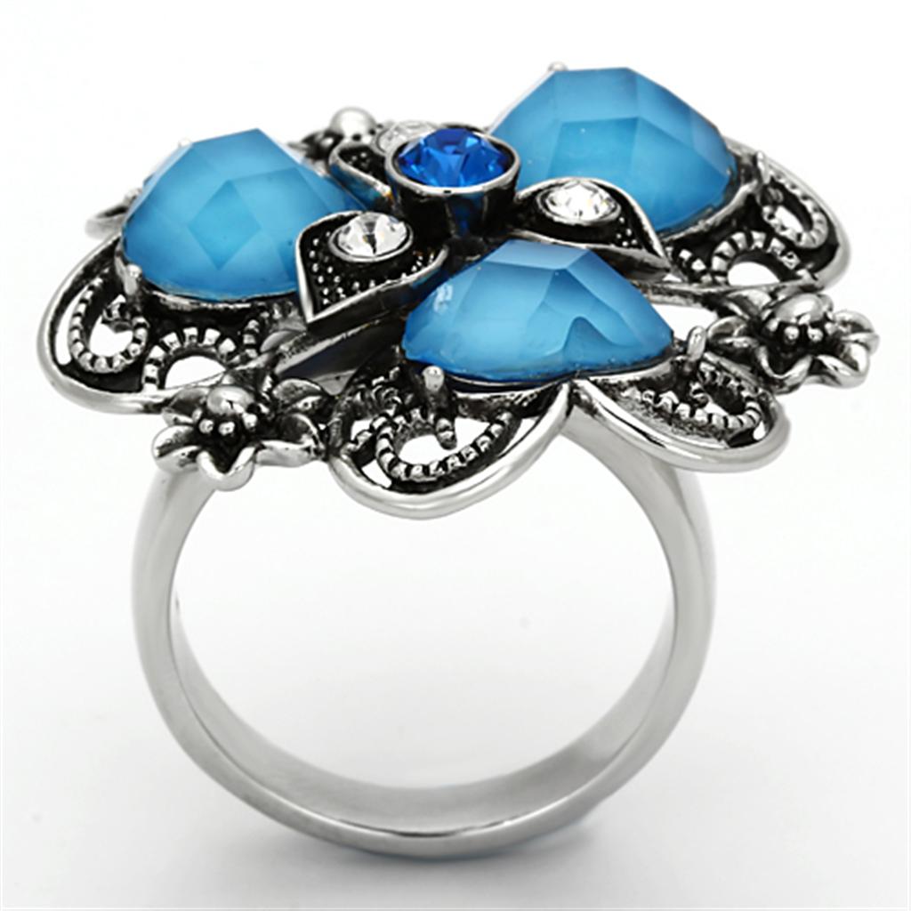 High polished (no plating) Stainless Steel Ring with Synthetic Synthetic Stone in Sea Blue