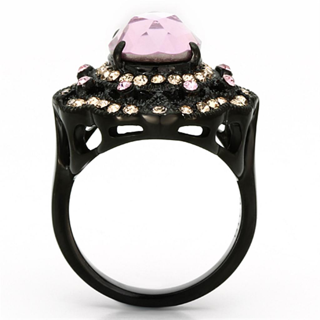 IP Black(Ion Plating) Stainless Steel Ring with Top Grade Crystal in Light Rose