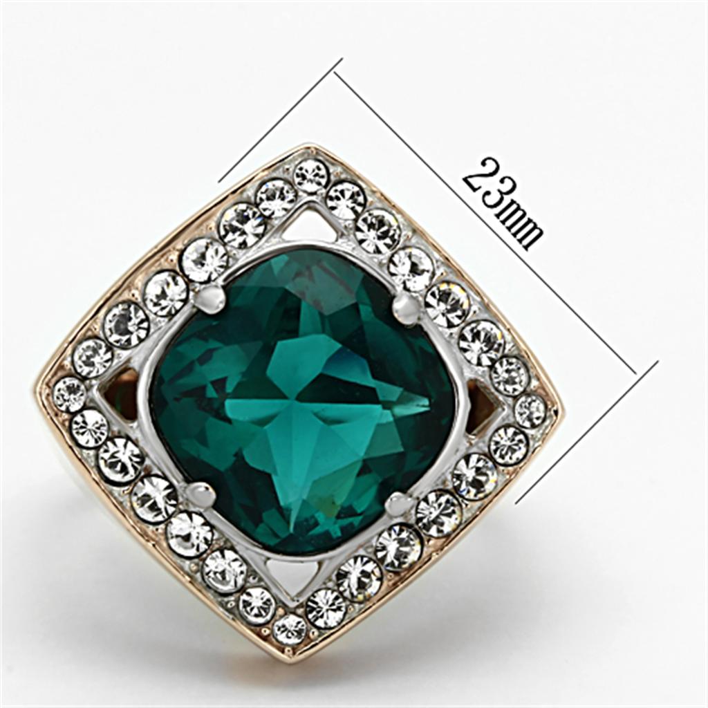 Two-Tone IP Rose Gold Stainless Steel Ring with Synthetic Synthetic Glass in Blue Zircon