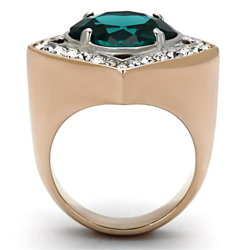 Two-Tone IP Rose Gold Stainless Steel Ring with Synthetic Synthetic Glass in Blue Zircon