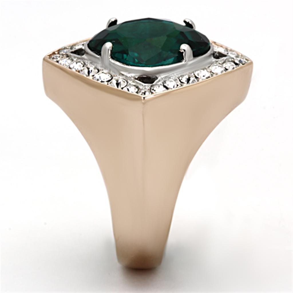 Two-Tone IP Rose Gold Stainless Steel Ring with Synthetic Synthetic Glass in Blue Zircon